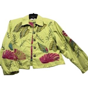 Embroidered Jacket Lime Green Floral Tropical Patchwork Print L Palm Springs